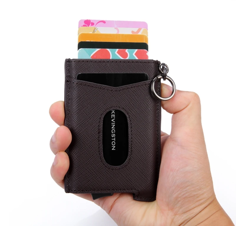 Vintage Cowhide Leather Business Smart Wallet RFID Card Holders Slim Antitheft Security ID Holders Aluminum Box Pup Up Card Case
