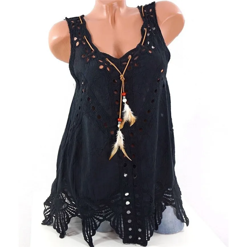 Fashion Tops Female Elegant Women Plus Size Tank Top U Neck Embroidery Hollow Out Sleeveless Summer Women's Shirts For Parties | Женская