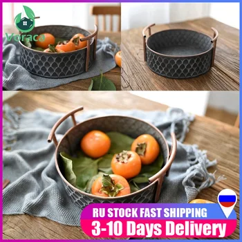 

Antique Retro Round Iron Basket with Handle Handcrafted Vintage Metal Fruit Bread Tray Plate Home Photographing Table Decoration
