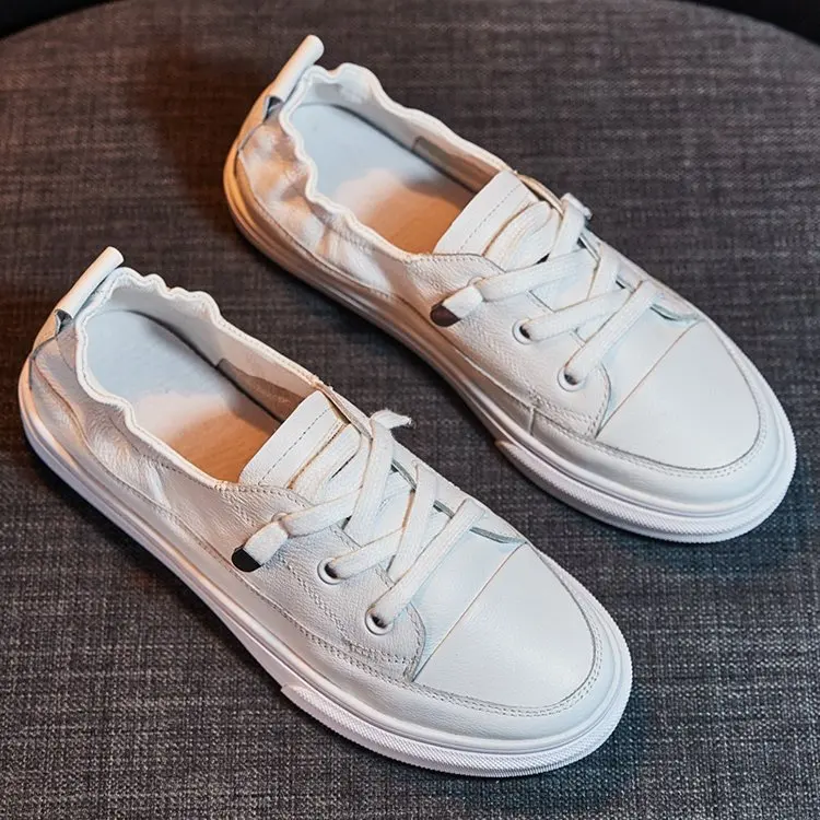 

White Shoes Women's 2019 Spring Lace-up Anti-slip Low Top New Style Shoes Flat Shoes Casual Shoes Milky White Adult