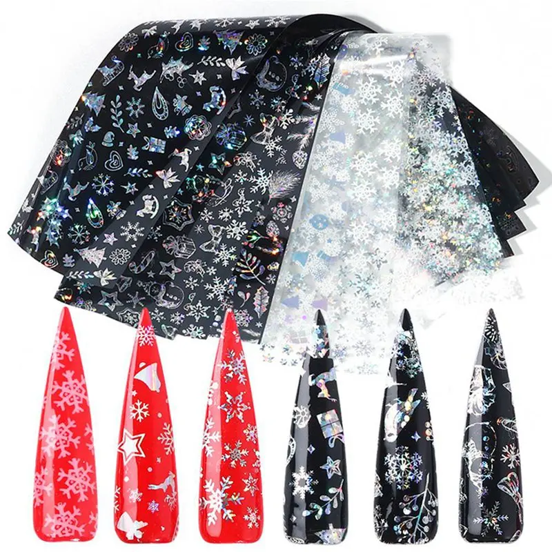 

10PCS 20*4cm Xmas Pattern For Nail Sticker 3D Snowflake Star Laser Glitter Christmas Nail Art Transfer Foils