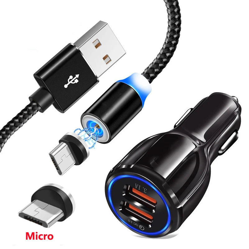 Магнитный Кабель Micro-USB для OPPO A1K A3S AX7 A5 A7 A9 F5 F7 F9 huawei Y5 Y6 Y7 Y9 QC 3,0 быстрой зарядки автомобильное зарядное устройство - Цвет: Charger Cable Black