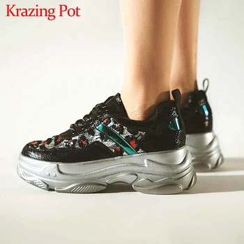 

Krazing pot shiny gorgeous mixed colors bling leopard sneaker thick bottom lace up streetwear women energy vulcanized shoes L03