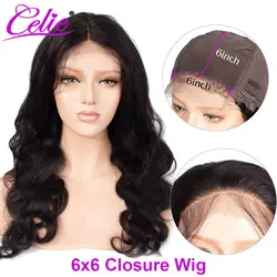 Celie Hair 6x6 закрытие парик бразильские парики шнурка предварительно выщипанные с детскими волосами бесклеевой волнистые человеческие волосы