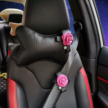 

Flower Car Styling Seat Neck Pillow Protection PU Auto Headrest Support Rest with Shoulder Pads Car Storage Accessories for BMW