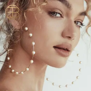 

2019 Fashion Handmad Gold Silver Color Large Big Pearl Hoop Earrings for Women Bridal's Oversize Hoop Earrings For Wedding