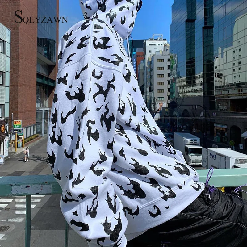 

Women Streetwear Flame Print Hoodie Oversized Long Tops Autumn Winter Fire Sweatshirt Korean Gothic Neon Green White Pullover