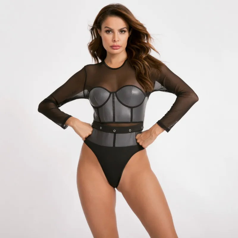 NCLAGEN Ladies Sexy Transparent Mesh PU Patchwork Long Sleeve Party Bodysuits Striped Eyelet Clubwear Active Bodycon