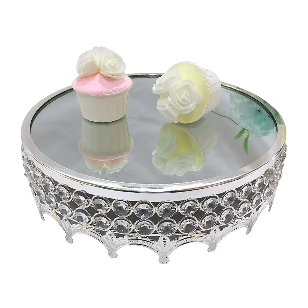 

Elegant Party Decorative Celebration Round Metal Dessert Display Portable Crystal Mirror Birthday Cupcake Cake Stand Tray