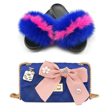 

Women Fur Slides Fashion Jelly Bag Fluffy Real Fox Fur Slippers Chain Bag Luxury Slides Cute Slides Ladies Party Sandals Set