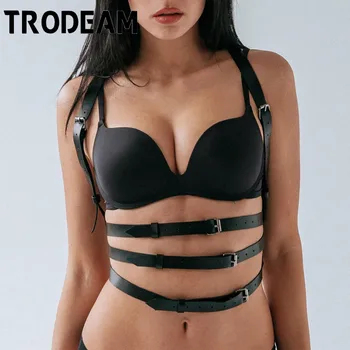 

TRODEAM Sexy Leather Harness stocking Belt Body Bondage Crop Top Chest Straps Sexy Black Leather Bra Women Punk Gothic suspender