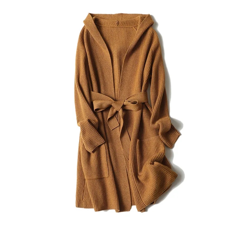 women's beige hooded cardigan cashmere sweaters long sleeve plus size loose Female knitwear high qu