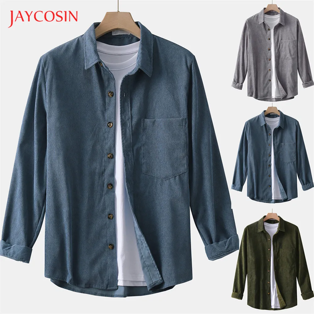 Joycosin, осенне-зимняя мужская рубашка, повседневная мужская одежда, однотонная Вельветовая рубашка с длинным рукавом и воротником с лацканами, мужская рубашка с карманами, уличные Топы