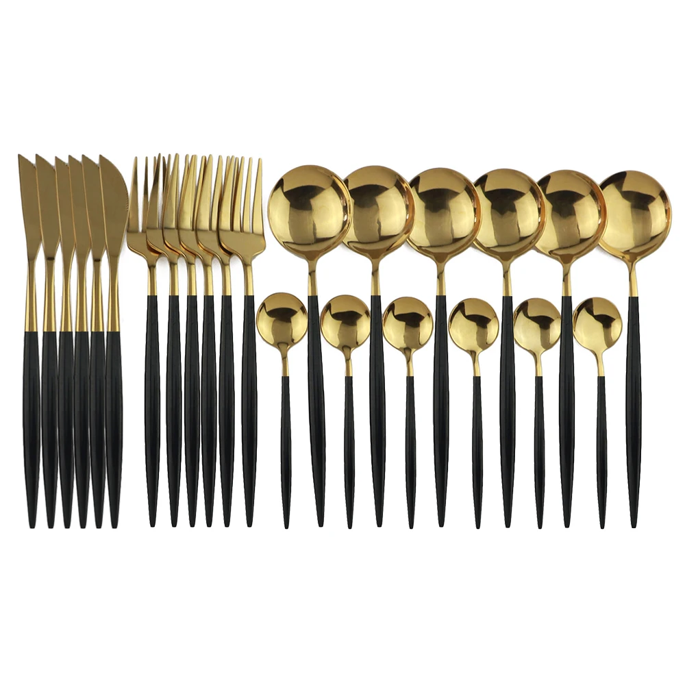 24Pcs/set 18/10 Stainless Steel Dinner Black Gold Dinnerware Set Knife Fork Spoon Cutlery Set Kitchen Tableware Silverware Sets