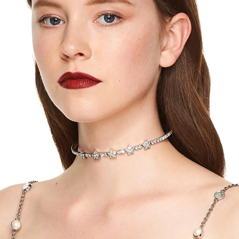 

New Simple Design Shiny Rhinestone Alloy Star Short Choker Necklace For Women Fashion Jewelry Maxi Statement Necklace Accessory