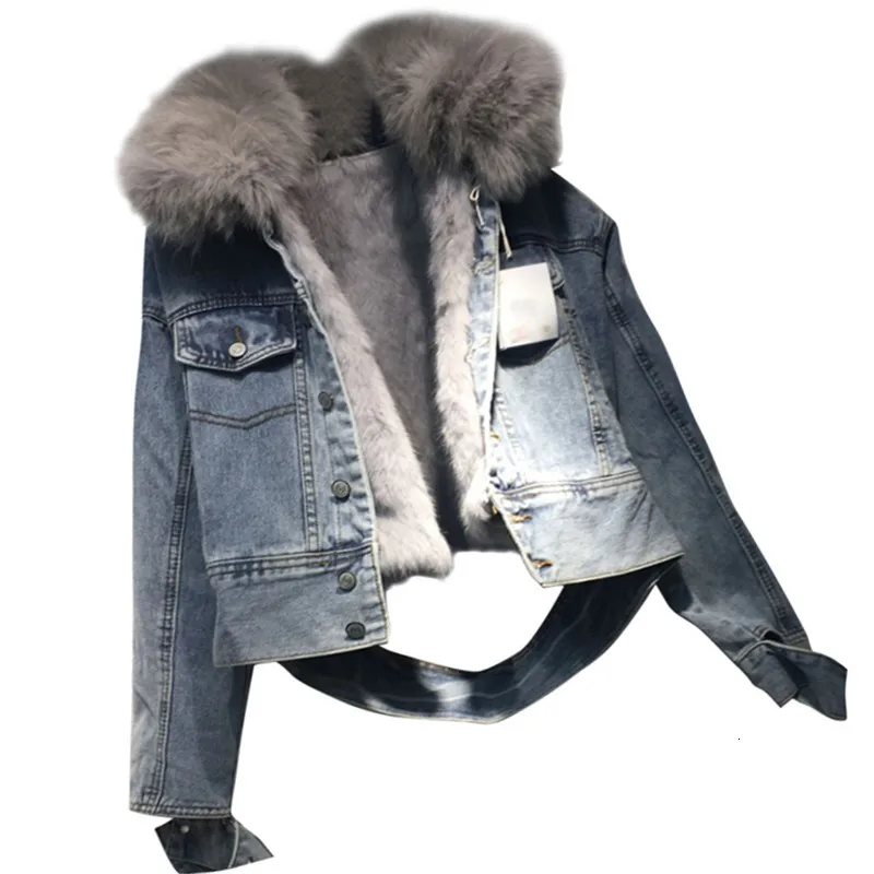 DEAT new winter fur collar single breasted light blue denim jacket thickness warm waist coat bike wearing WJ98905L