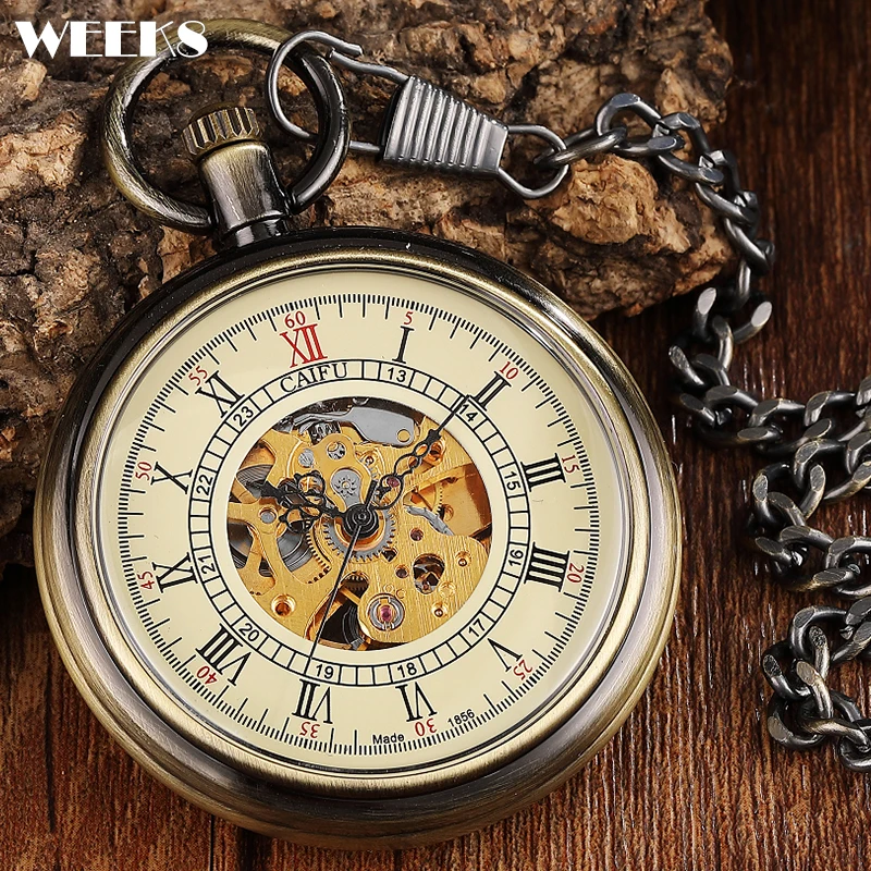 

Roman Numeral Mechanical Pocket Watch Antique Vintage Smooth Engrave Steampunk Skeleton Fob Chain Clock for Men Women Collection