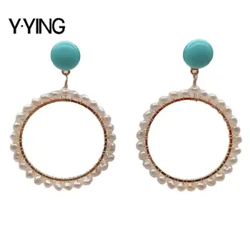 

Y·YING natural 3-4mm Cultured White Pearl Blue Turquoises stud Earrings Gold color plated circle shape