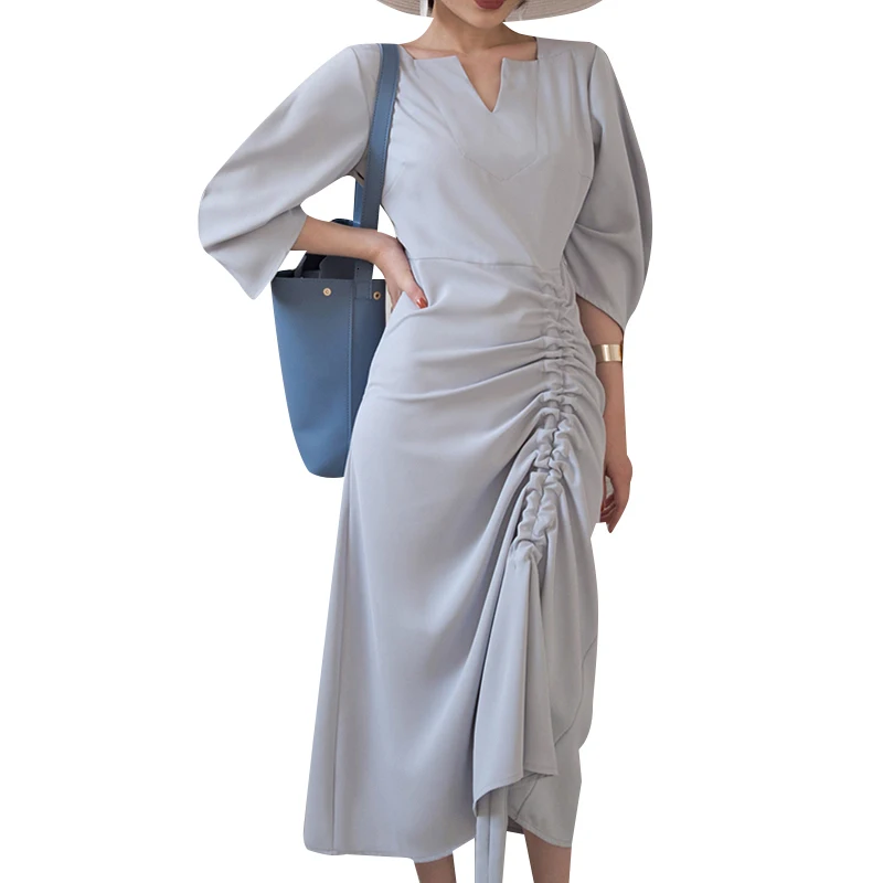 GALCAUR Drawstring Ruched женские платья три четверти рукав с высокой талией Асимметричные осенние платья Женская мода одежда