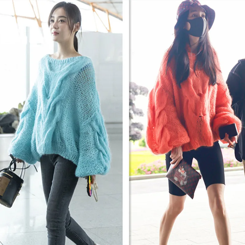 Autumn Mohair Twist Knitted Sweater Women Pullover Tops Casual sueter mujer 2019 Oversized Long Lantern Sleeve Pull Femme Jumper | Женская