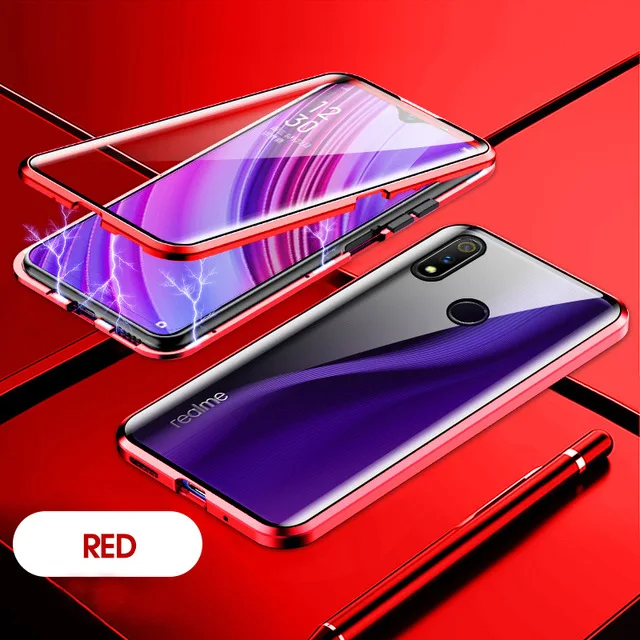 360 ° двусторонний стеклянный металлический магнитный флип-чехол realme 5 pro q чехол для oppo reno ace a11 a11x a5 a3s a7 a9 pro f9 coque - Цвет: Red