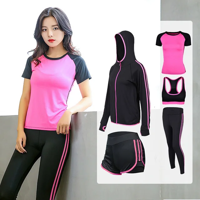 5 piece-Rose red Комплект для йоги, женская одежда для спортзала, спортивный бюстгальтер+ штаны+ футболка+ пальто, 5 шт., спортивный костюм для фитнеса и бега, дышащие спортивные Леггинсы - Цвет: 5 piece-Rose red