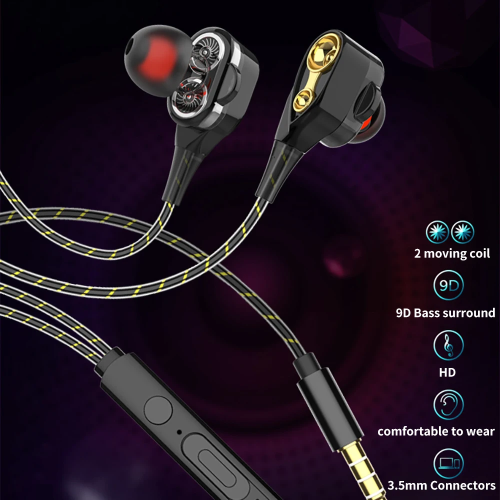 3.5mm Earphones With Mic Dual Drive Stereo Wired Earphone In-Ear Sport Portable Headset In-Ear