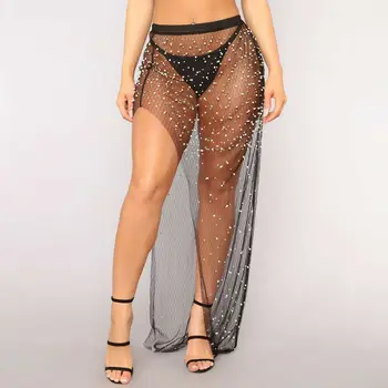 

Women High Waist Mesh Skirts Empire See Through Sheer Side Split Skirt Solid Transparent Chiffon Maxi Long Skirt Summer 2019