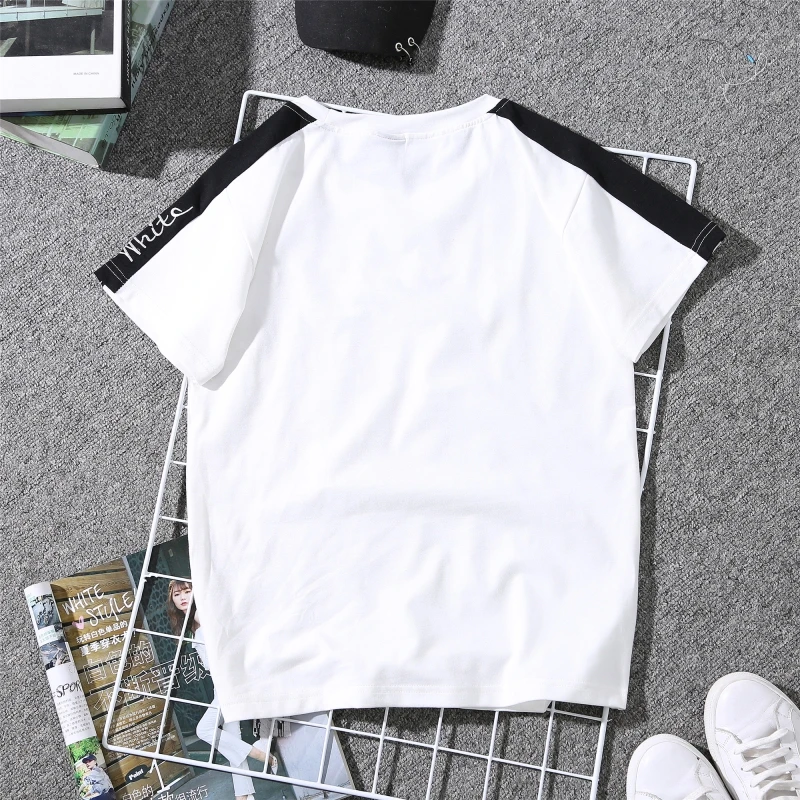Summer New Women's T-shirt White Embroidered Monophonic Female T Shirt Striped Harajuku Couple Clothes Black Tops 90s Tees