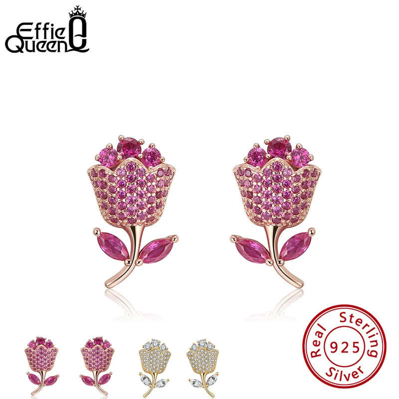 

Effie Queen 925 Sterling Silver Small Stud Earrings with Flower Shape Red AAAA Zircon Earring Jewelry Party Wedding Gift BE279