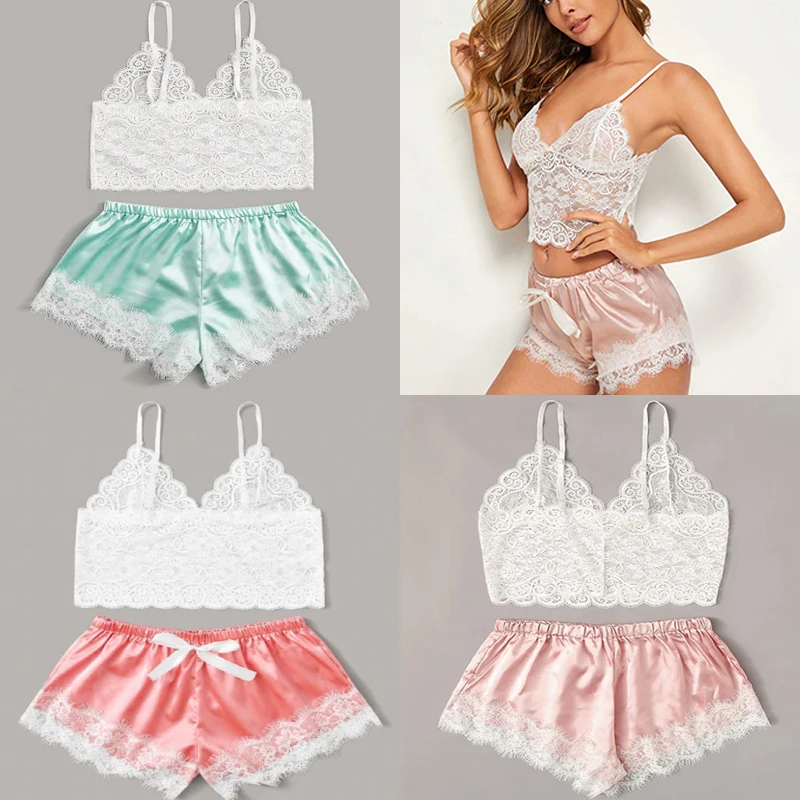 

2019 Summer Sexy Set Ladies Bra And Panty Underwear Floral Lace Cami Top With Satin Shorts Lingerie Set Women Bra Brief Sets