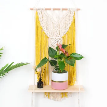 

New Handmade Cotton Rope Woven Tapestry Storage Rack Wall Hanging Wooden Shelf Boho Plants Shelf Storage Holder Home Wall Decor