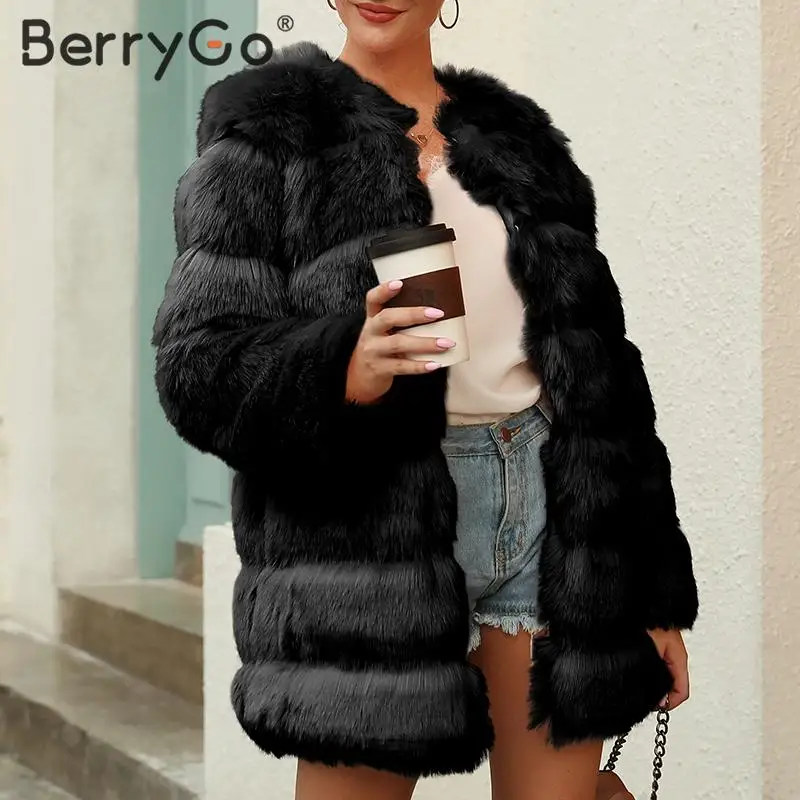 BerryGo повседневное толстое теплое пушистое пальто из искусственного меха для женщин элегантное осенне-зимнее женское длинное пальто мягкая женская розовая верхняя одежда