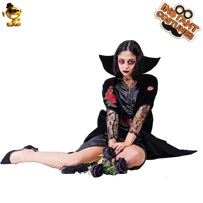 Fantasia Vampira Halloween Feminina Adulto Vestido Luxo Capa - 7 Artes  BrinQ Fantasias