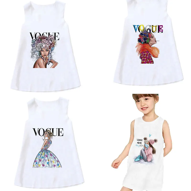 New Casual Summer Sleeveless 4T-9T Girls Dresses Kids Fashion Lady Super Mom Dress Print Children Clothes Girl Active Sundress 1