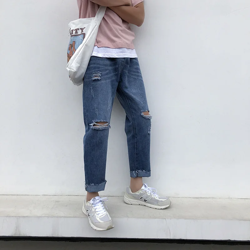 Модные повседневные мужские джинсы, однотонные, свободные, длина по щиколотку, джинсовые брюки размера плюс, мужская летняя уличная одежда, джинсы с потертостями и манжетами