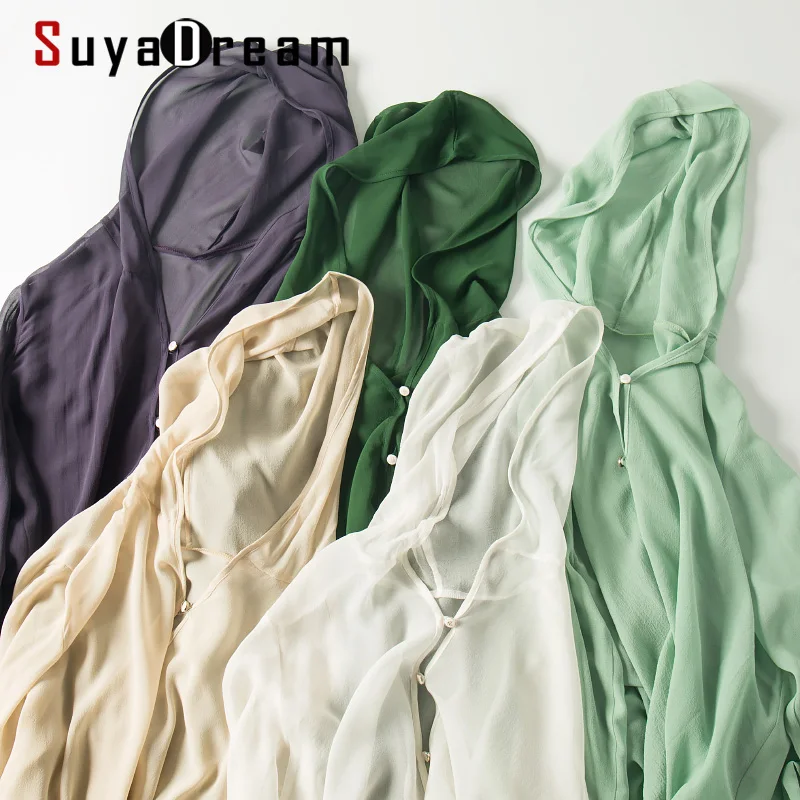 SuyaDream женская блузка с капюшоном из 100% шелка Жоржетта однотонная шифоновая на