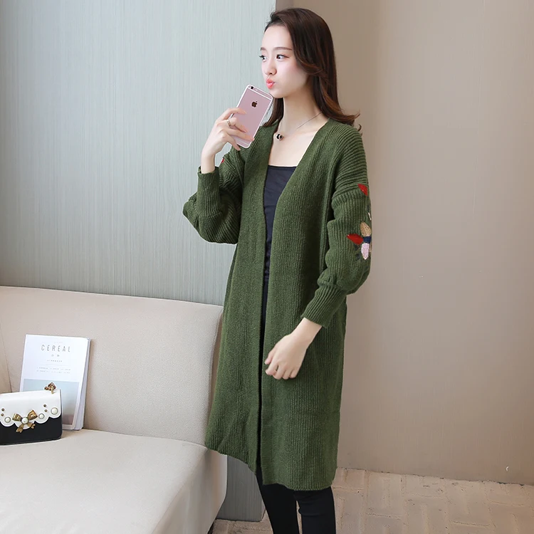 Autumn Women Sweaters Casual Loose Knitted Jumpers Elegant Ladies Korean Embroidery Lantern Sleeve Long Cardigan Coat