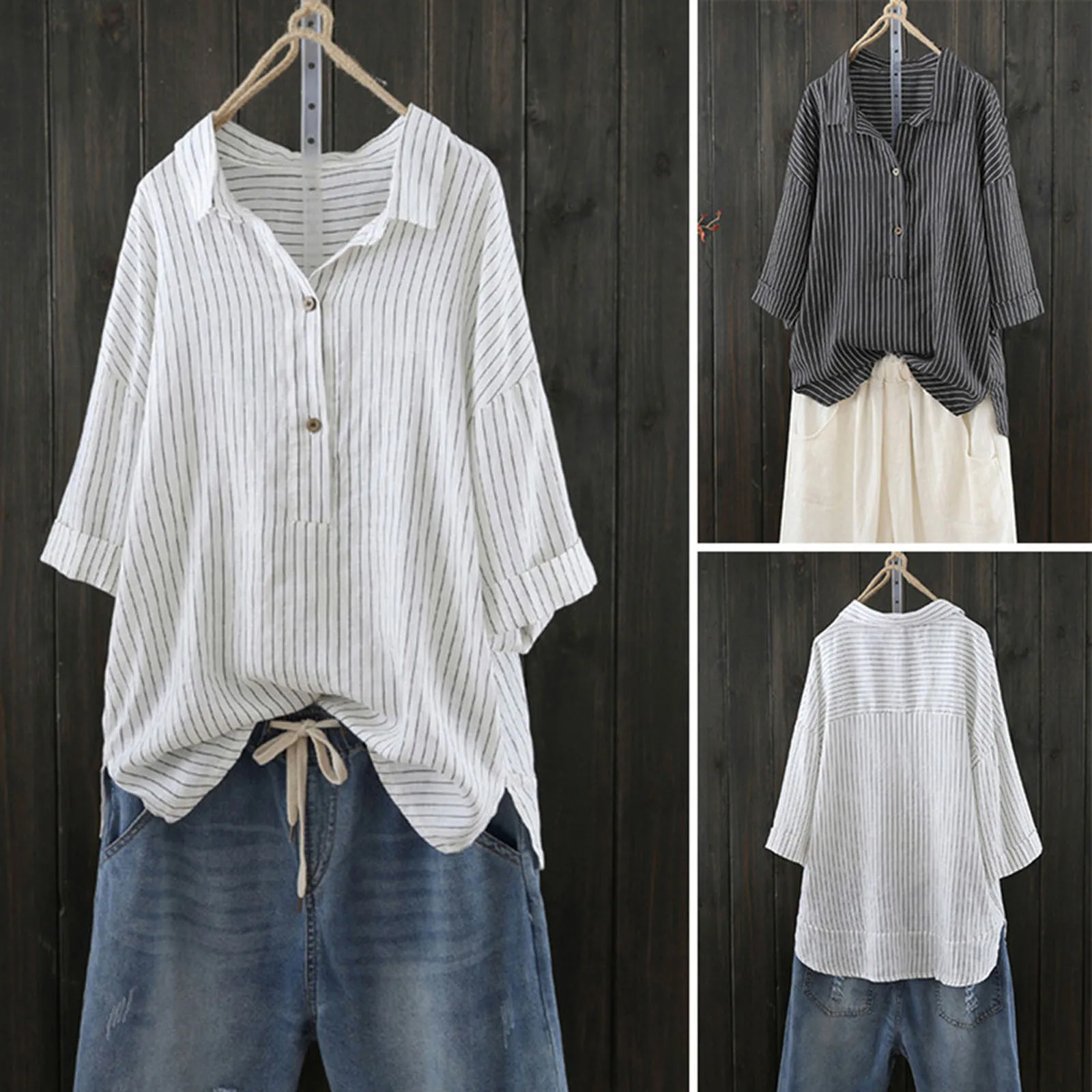 Loose Striped Shirts Women Cotton Linen Button Up Pullover Striped Top Turn-downcollar Black T Shirt Tunic Женские Футболки 1