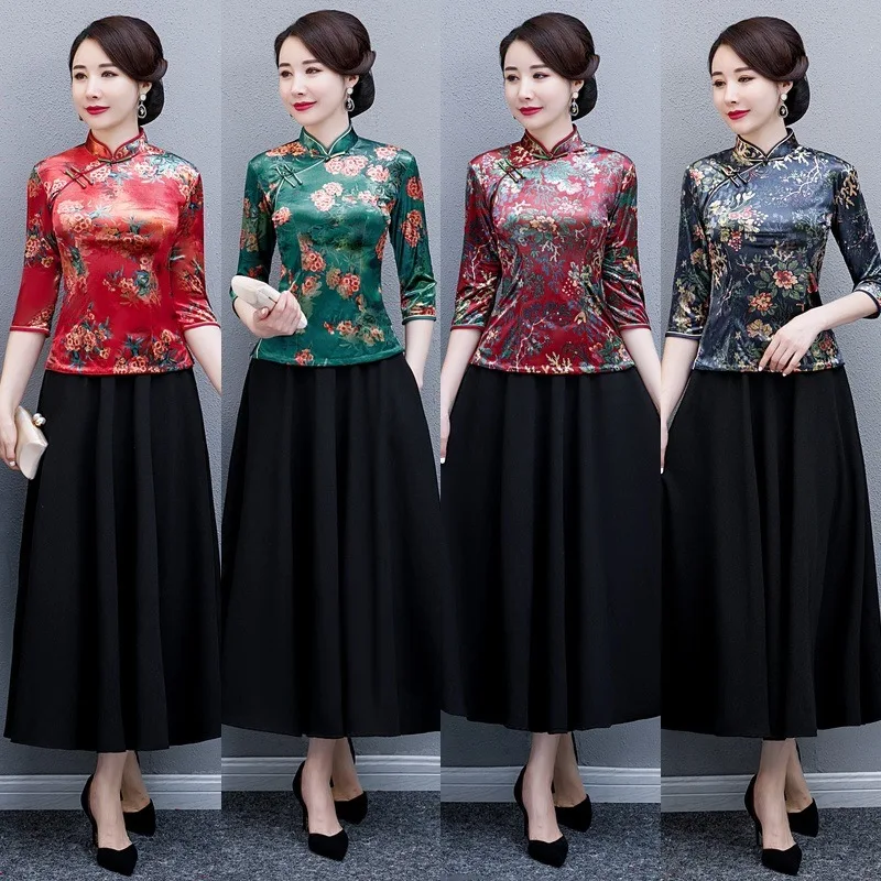 Винтаж ручной работы Кнопка Cheongsam 2 шт. Комплект женский традиционный цветочный принт Qipao Мода Атлас qipao Vestidos