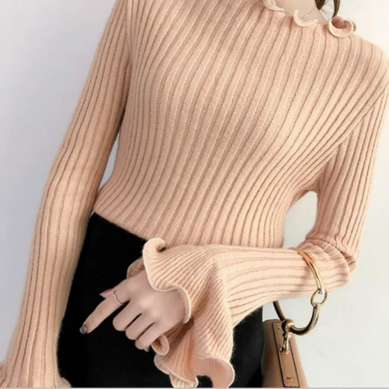 Women's Solid Ruffles Full Flare Sleeve Sweaters Long Sleeve women Sweater Winter Clothes Women Knitted Sweaters Casual Pullover
