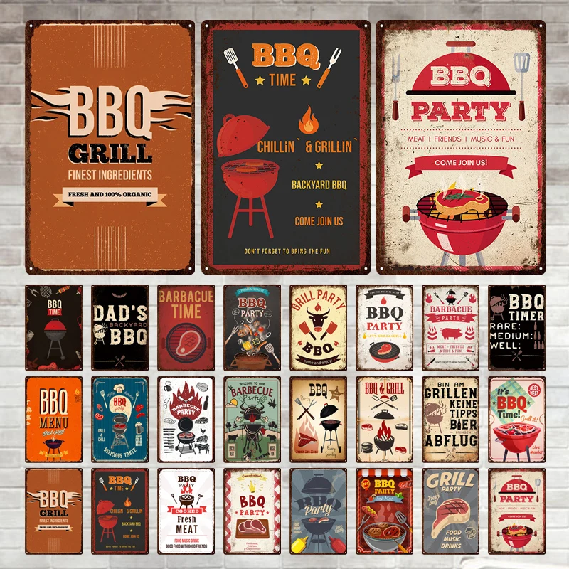 

Vintage Tin Sign Bbq Poster Retro Metal Barbecue Sign Plaque Wall Decor Kitchen Terrace Beach House Club Decoration Art Plate