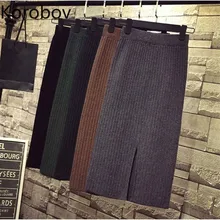 Korobov Корейская Осенняя зимняя однотонная Базовая Женская юбка, винтажные вязаные Облегающие юбки с разрезом, теплые модные женские юбки Saias 79185