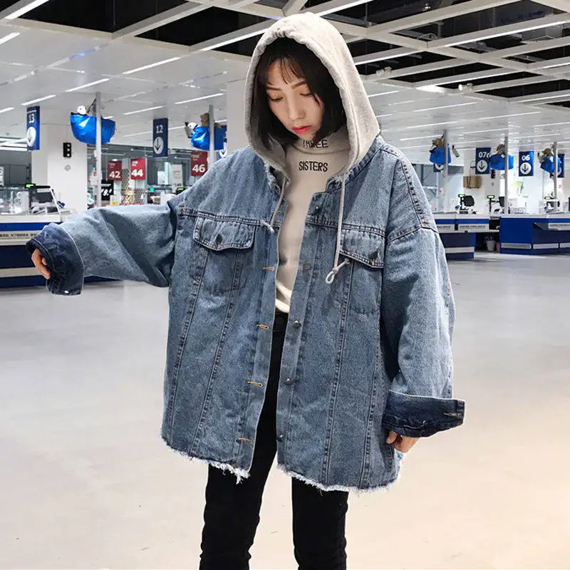 Woherb Весна Harajuku джинсовая ткань оверсайз куртки корейские свободные с капюшоном джинсовые куртки женские хип хоп BF Стиль Уличная длинные пальто