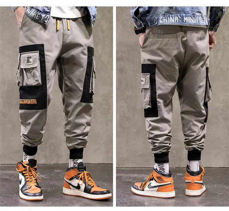Японские брюки карго, мужские свободные хип-хоп уличные джоггеры, корейские лоскутные шаровары с карманами, брюки длиной до щиколотки, мужская одежда