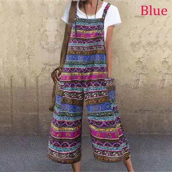 

VONDA Romper Women Jumpsuit 2019 Summer Calf-Length Wide Leg Pants Plus Size Casual Pockets Playsuits Vintage Print Overall 5XL