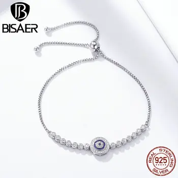 

BISAER Authentic 925 Sterling Silver Lucky Blue Eye Snake Strand Chain Link Bracelet Tennis Bracelet for Women Silver Jewelry