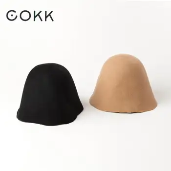 

COKK 2020 New Winter Fashion Wool Hat Women Foldable Bucket Hat Fedora Brand Designer Solid Color Soft Bucket Hats Female