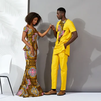 

African clothes for couples women long dresses set top and skirt set New Fashion Clothing Ankara Print african men bazin set