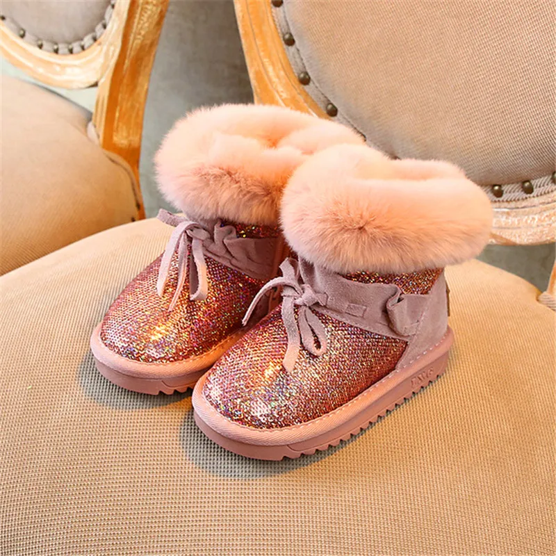 

Exquisite girls snow boots 2019 winter new children's shoes plus velvet warm baby shoes Korean sequins rabbit fur princess shoes